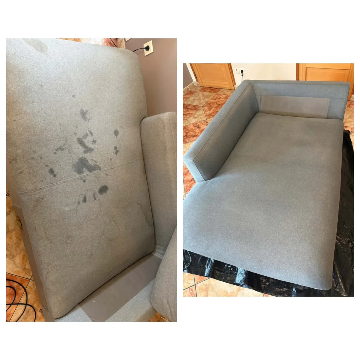 Fauteuil en tissu avant et après le nettoyage par injection-extraction