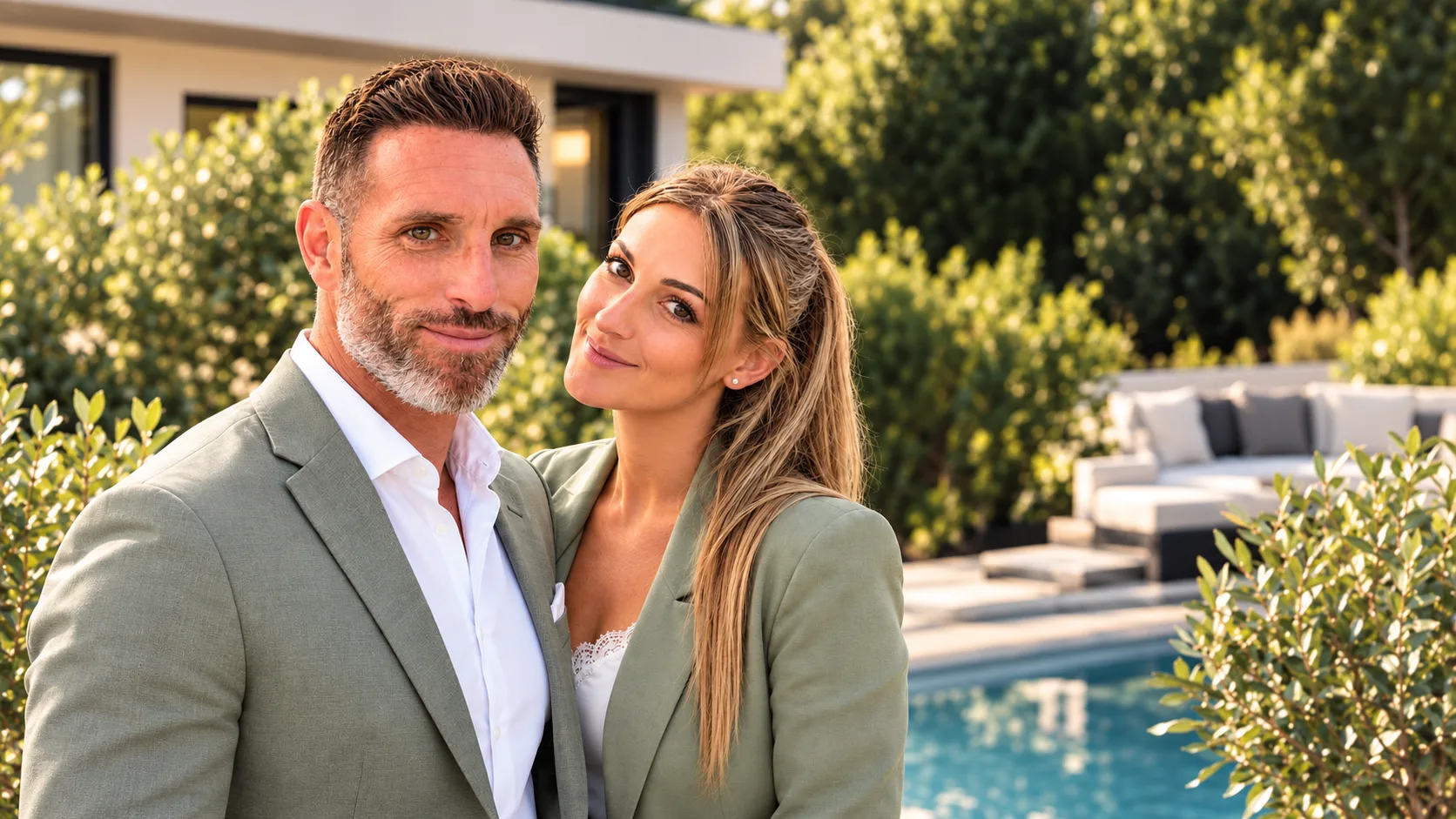 Gaëlle et Cédric, le duo CleanTeam C&G, devant une villa avec piscine